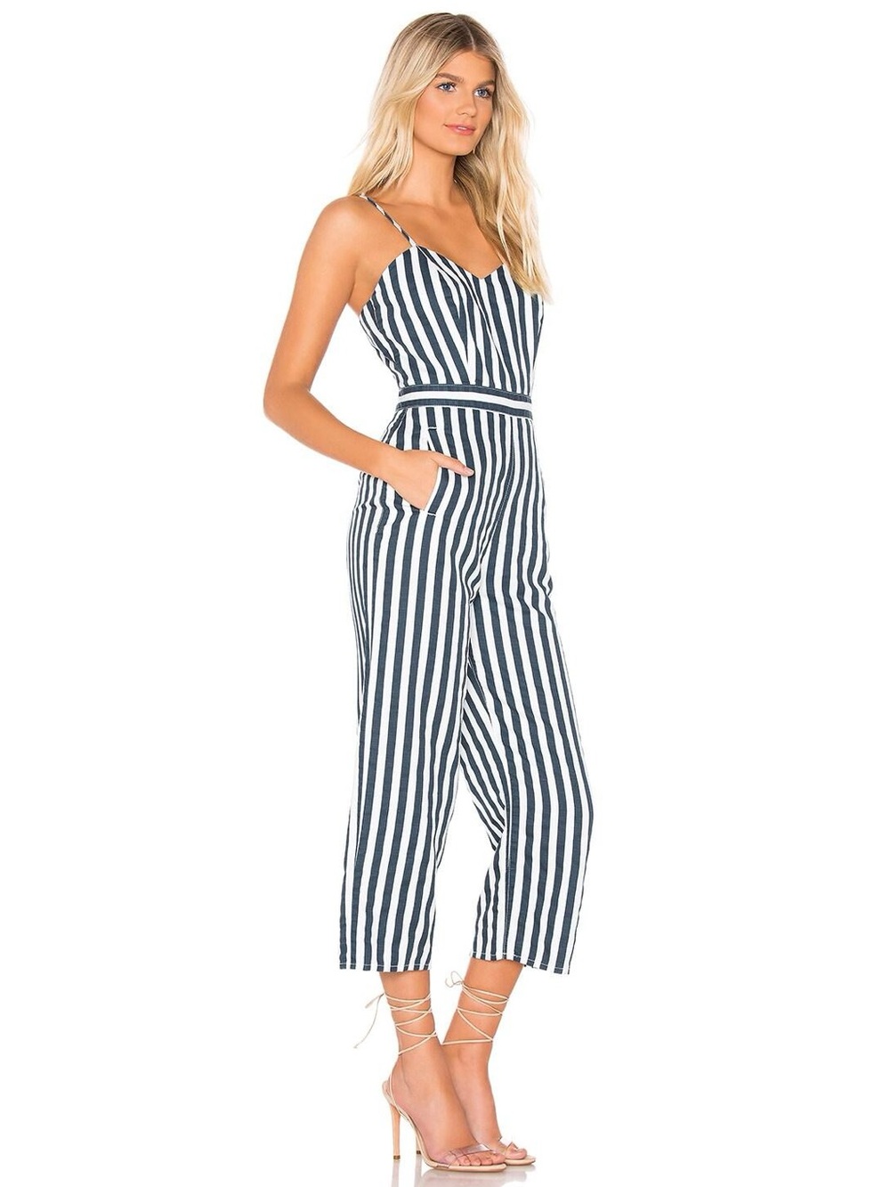 MOTHER The Cut It Out Jumpsuit Sea Daze Striped Linen Blend Sz S - Picture 2 of 12